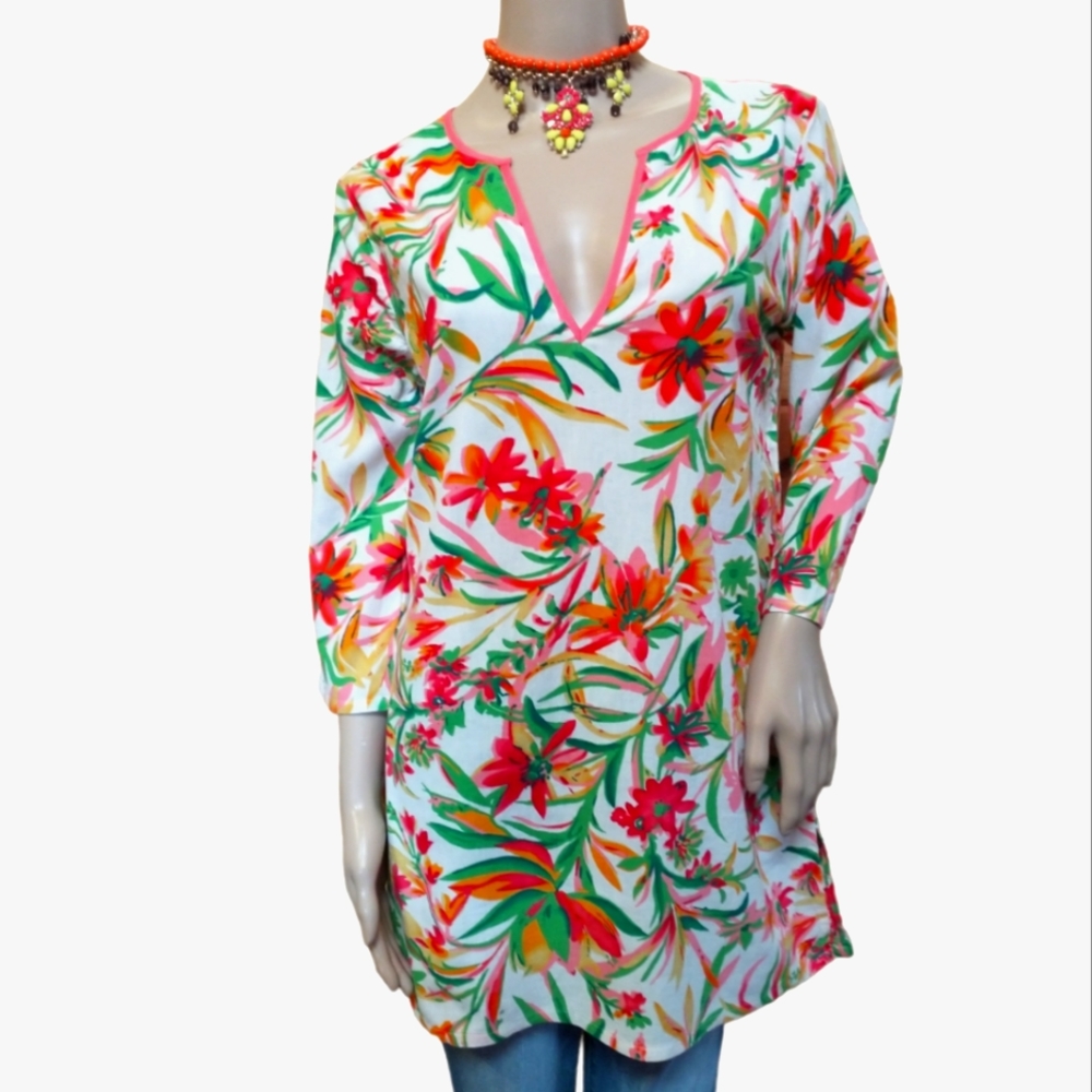 J Crew Womens Multicolor Floral 3/4 Sleeve V Neck Tunic Top Size Medium S